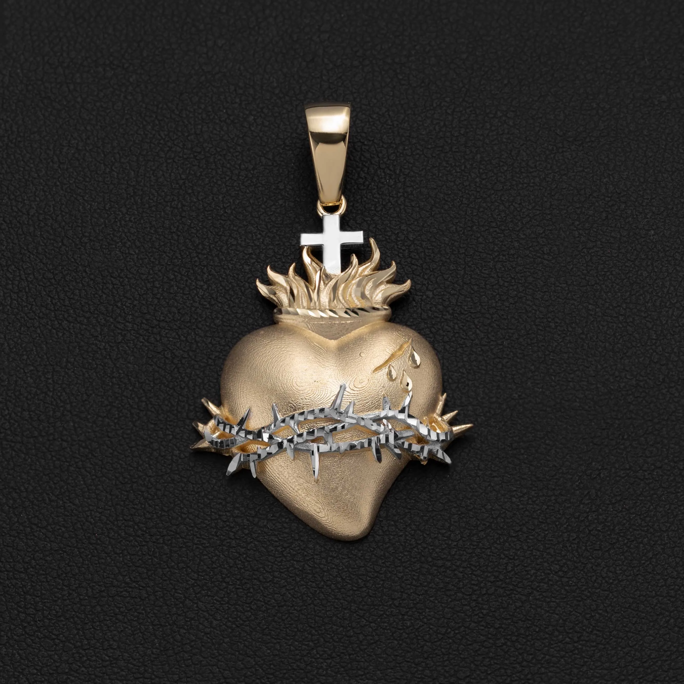 1 3/4" Sagrado Corazon Sacred Heart Pendant 14K Yellow Gold
