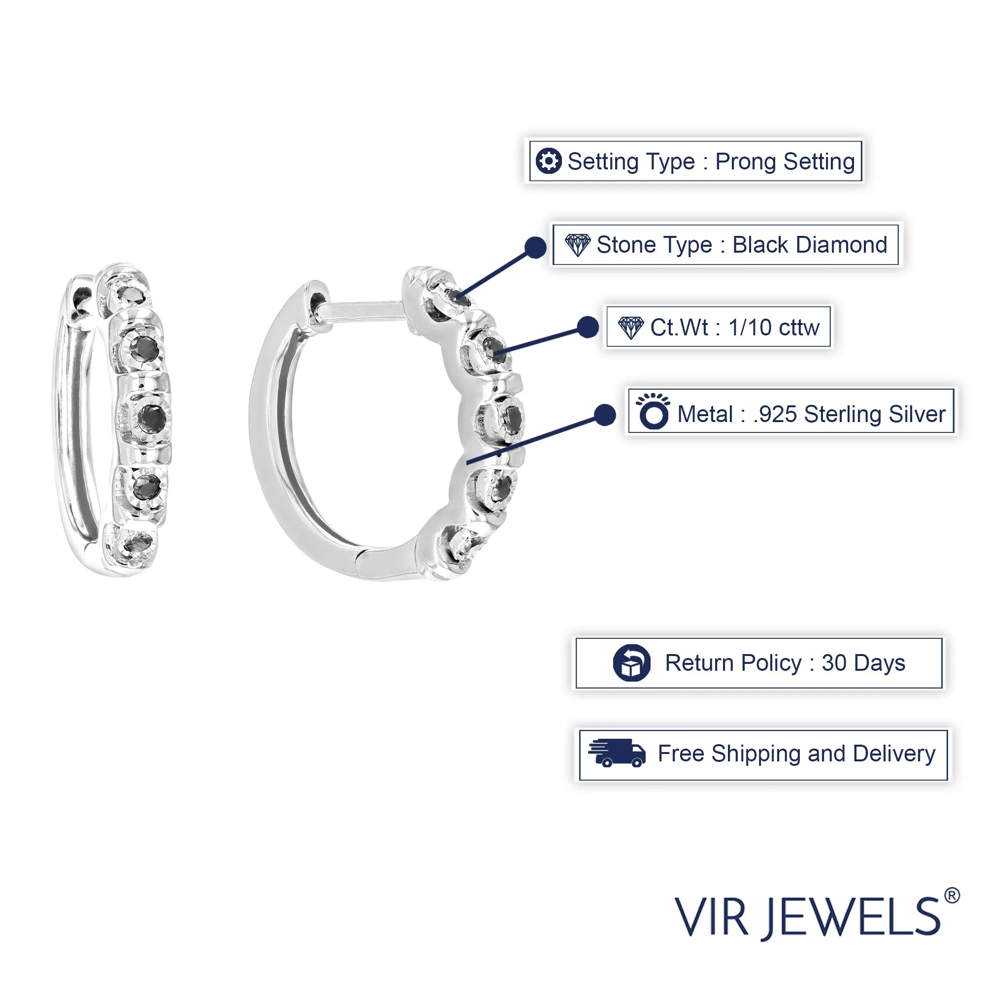 1/10 cttw Black Diamond Hoop Earrings .925 Sterling Silver 10 Stone Prong 2/3 Inch
