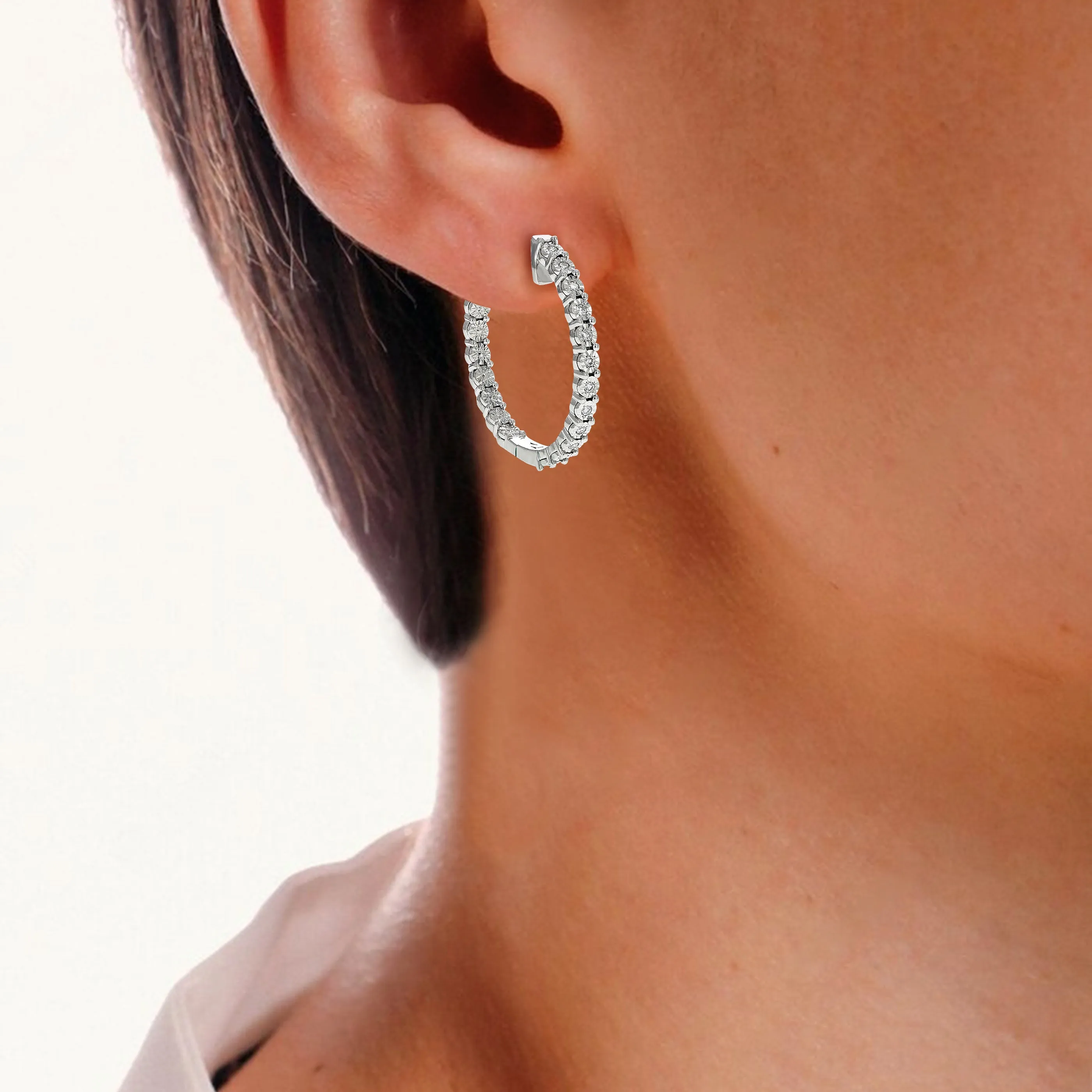 1/4 cttw Round Lab Grown Diamond Hoop Earrings in .925 Sterling Silver Prong Set 3/4 Inch