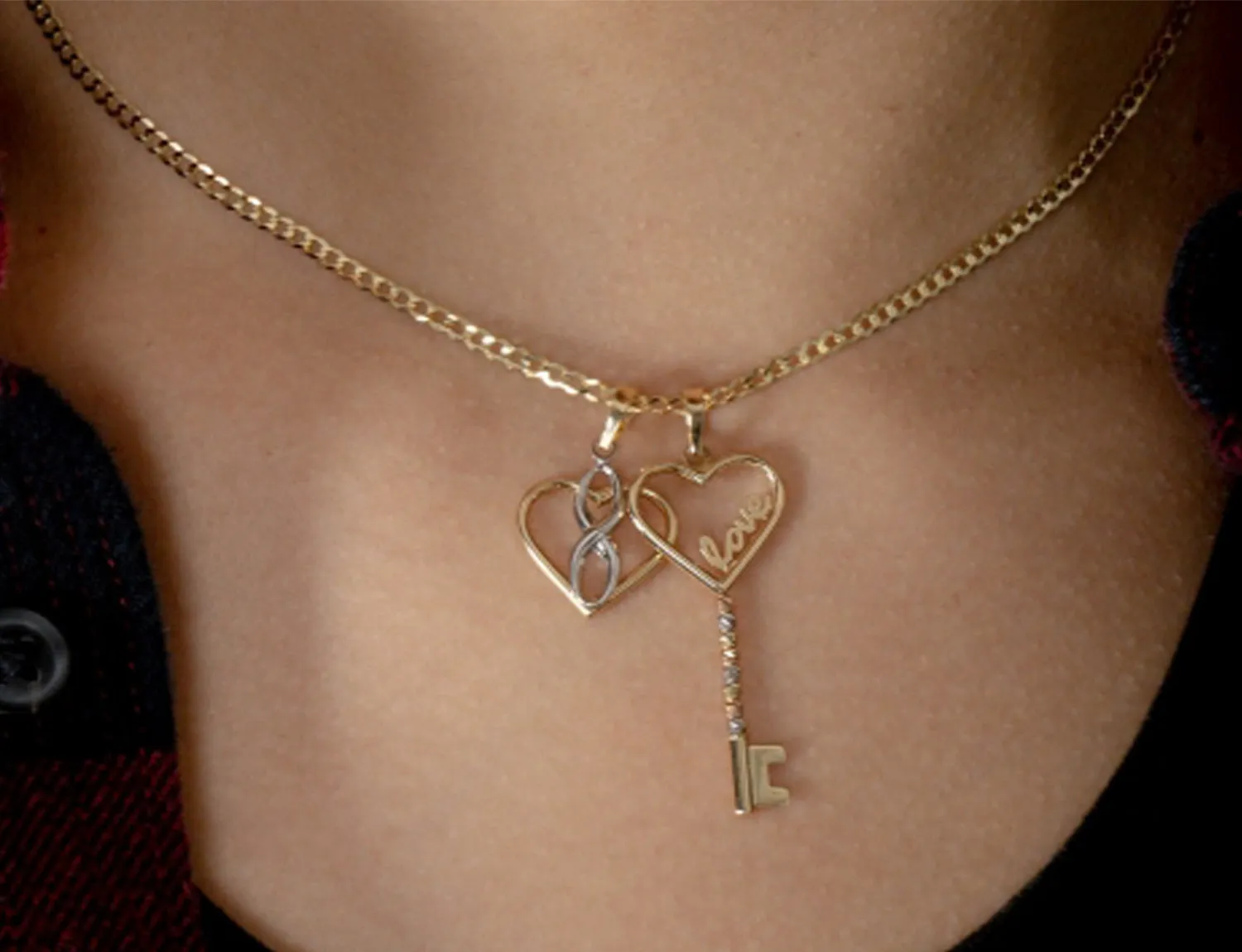 14k Gold Vertical Infinity Sign in Open Heart Pendant with Cuban Necklace - Two-Tone Gold