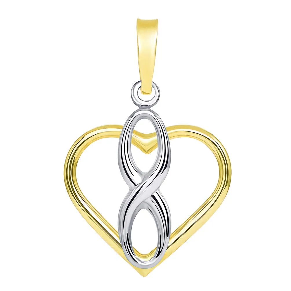 14k Gold Vertical Infinity Sign in Open Heart Pendant with Cuban Necklace - Two-Tone Gold