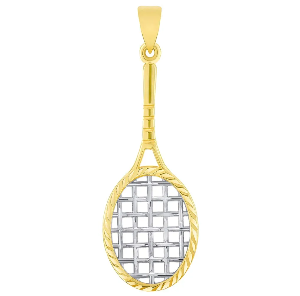 14k Yellow Gold Textured Tennis Racket Sports Pendant with Figaro Chain Necklace