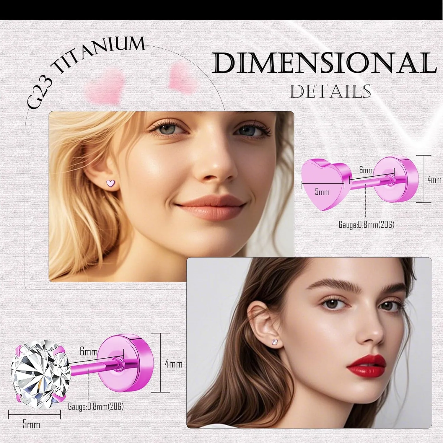 2 Pairs Flat Back Earrings Women, Titanium Star and Moon Earrings, Heart & CZ Flatback Stud, Butterfly & Lightning Screw Back, Crosses and Triangles Stud, Gold/Pink/Silver/Black Options