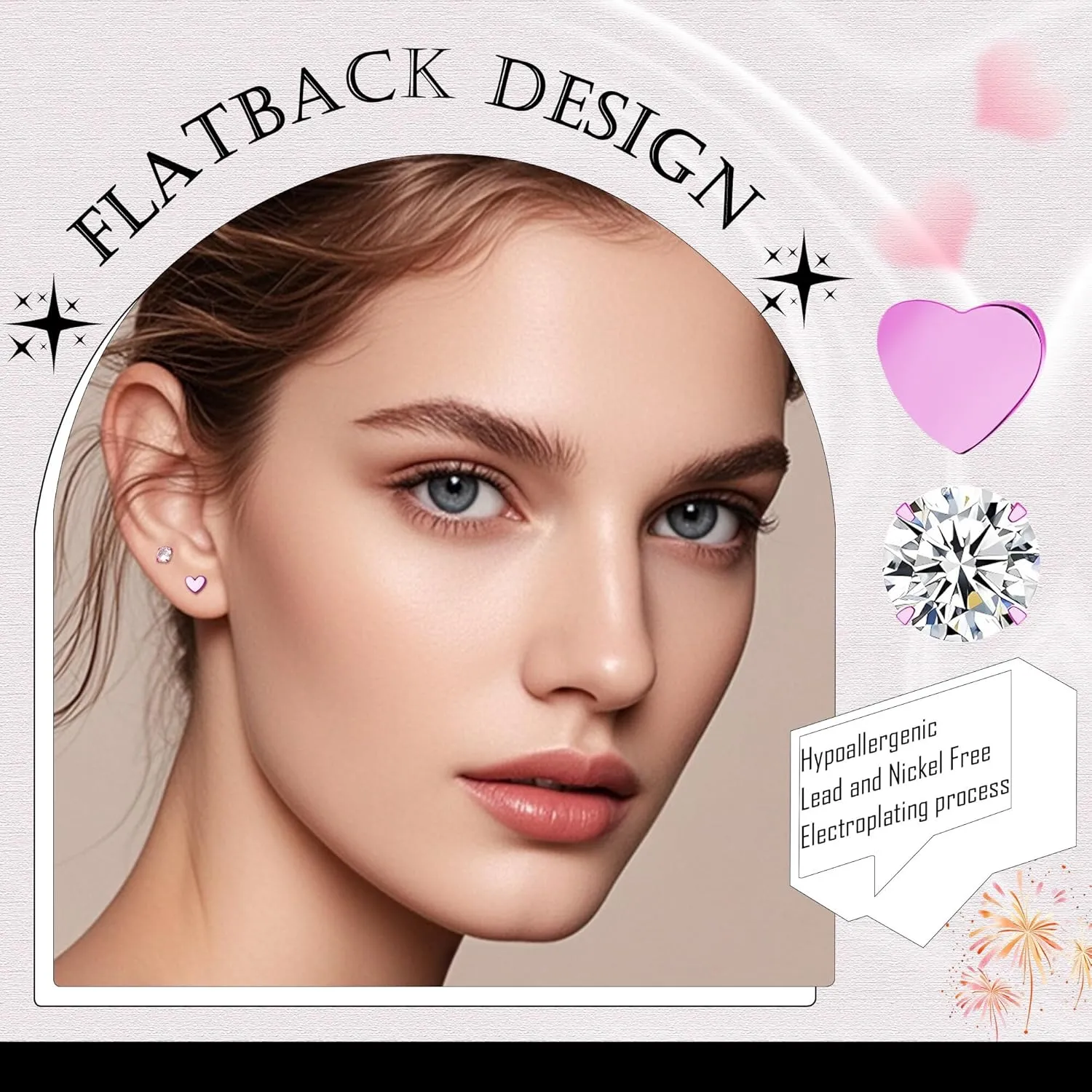 2 Pairs Flat Back Earrings Women, Titanium Star and Moon Earrings, Heart & CZ Flatback Stud, Butterfly & Lightning Screw Back, Crosses and Triangles Stud, Gold/Pink/Silver/Black Options