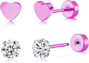 2 Pairs Flat Back Earrings Women, Titanium Star and Moon Earrings, Heart & CZ Flatback Stud, Butterfly & Lightning Screw Back, Crosses and Triangles Stud, Gold/Pink/Silver/Black Options
