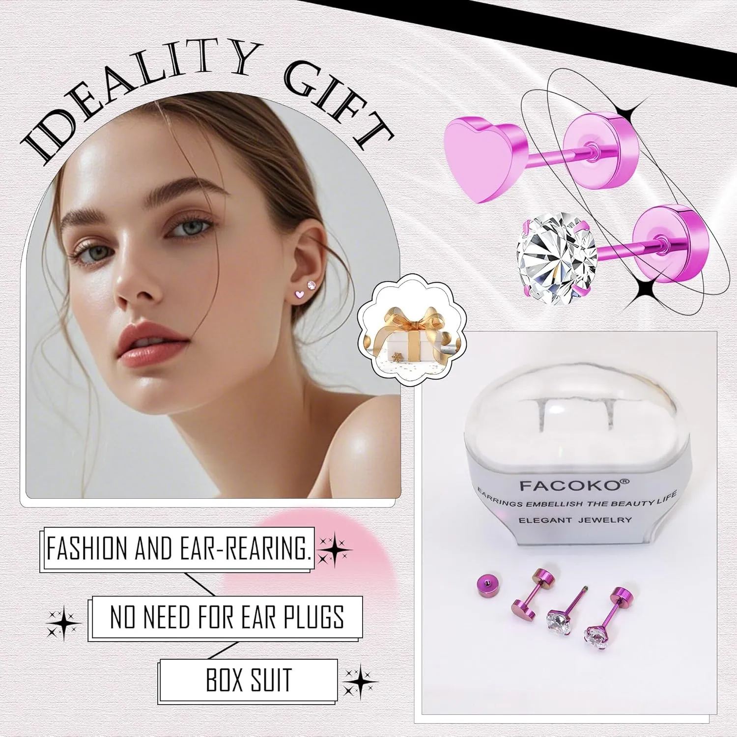 2 Pairs Flat Back Earrings Women, Titanium Star and Moon Earrings, Heart & CZ Flatback Stud, Butterfly & Lightning Screw Back, Crosses and Triangles Stud, Gold/Pink/Silver/Black Options