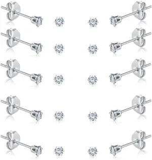 6-10 Pairs Tiny Women's Stainless Steel Round Clear Cubic Zirconia Stud Earrings, Hypoallergenic Surgical Steel Earrings Set, 2mm 3mm 4mm CZ,