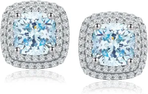 925 Sterling Silver Birthstone Earrings for Women Teen Girls Dainty Cute Created Gemstone Crystal Square Earrings Double Halo Stud Earrings