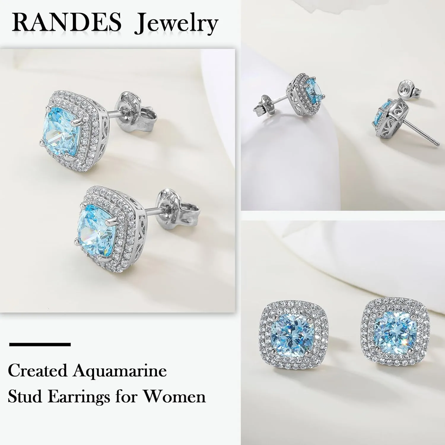 925 Sterling Silver Birthstone Earrings for Women Teen Girls Dainty Cute Created Gemstone Crystal Square Earrings Double Halo Stud Earrings