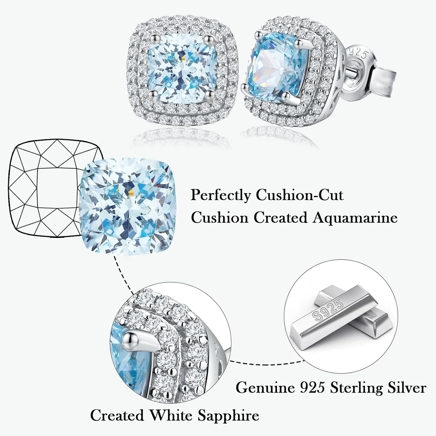 925 Sterling Silver Birthstone Earrings for Women Teen Girls Dainty Cute Created Gemstone Crystal Square Earrings Double Halo Stud Earrings