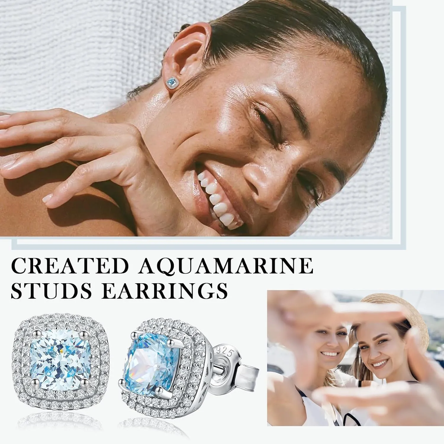 925 Sterling Silver Birthstone Earrings for Women Teen Girls Dainty Cute Created Gemstone Crystal Square Earrings Double Halo Stud Earrings