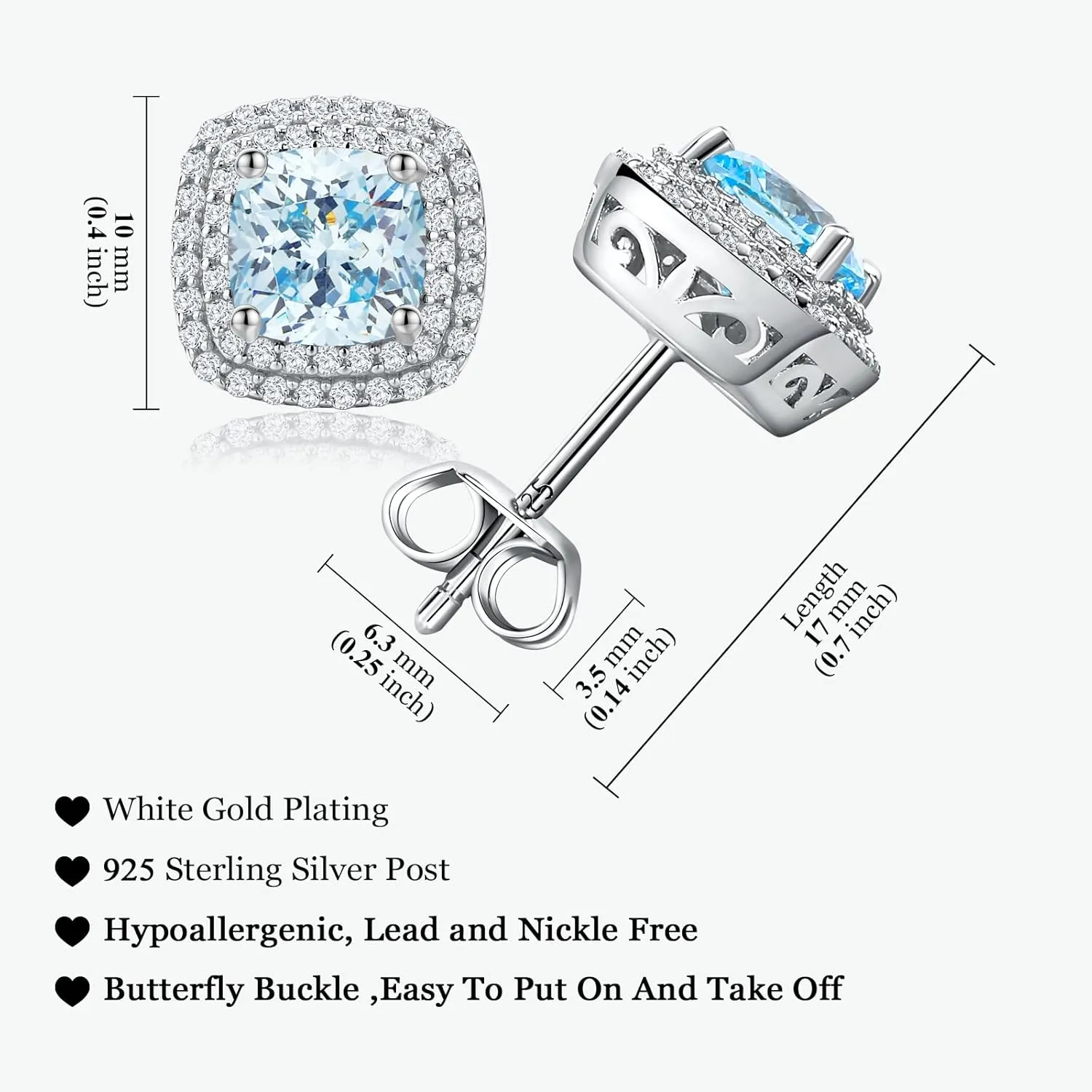 925 Sterling Silver Birthstone Earrings for Women Teen Girls Dainty Cute Created Gemstone Crystal Square Earrings Double Halo Stud Earrings