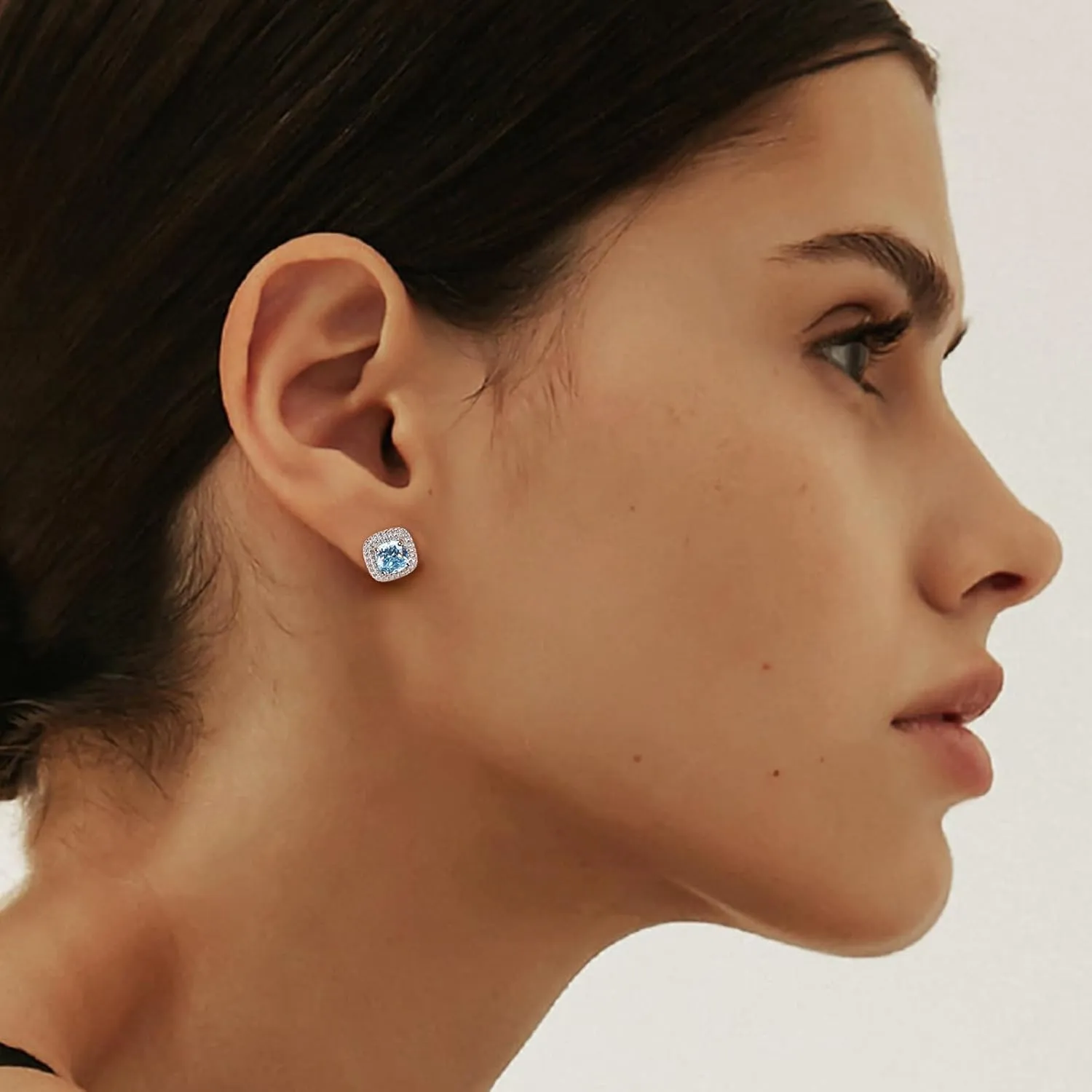 925 Sterling Silver Birthstone Earrings for Women Teen Girls Dainty Cute Created Gemstone Crystal Square Earrings Double Halo Stud Earrings