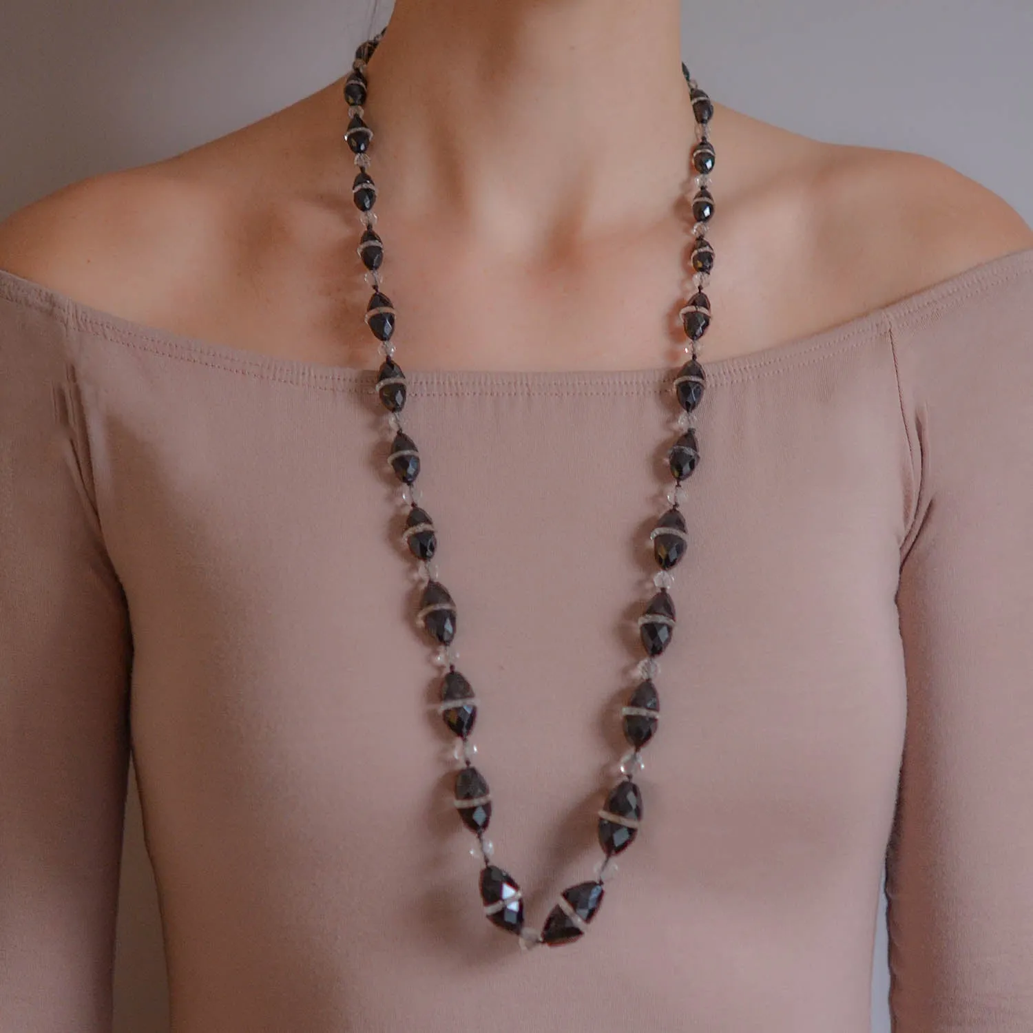 Art Deco Onyx   Rock Quartz Crystal Necklace 33"