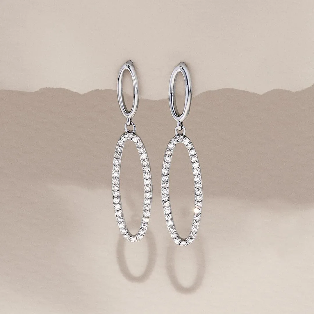 Diamond Oval Shape Drop Earrings in Sterling Silver