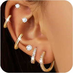 Dochais Hoop Stud Earrings for Women 7 Pairs 316L Surgical Steel Hypoallergenic Earrings Set for Multiple Piercing Non Tarnish 14k Gold Plated Cartilage Earring