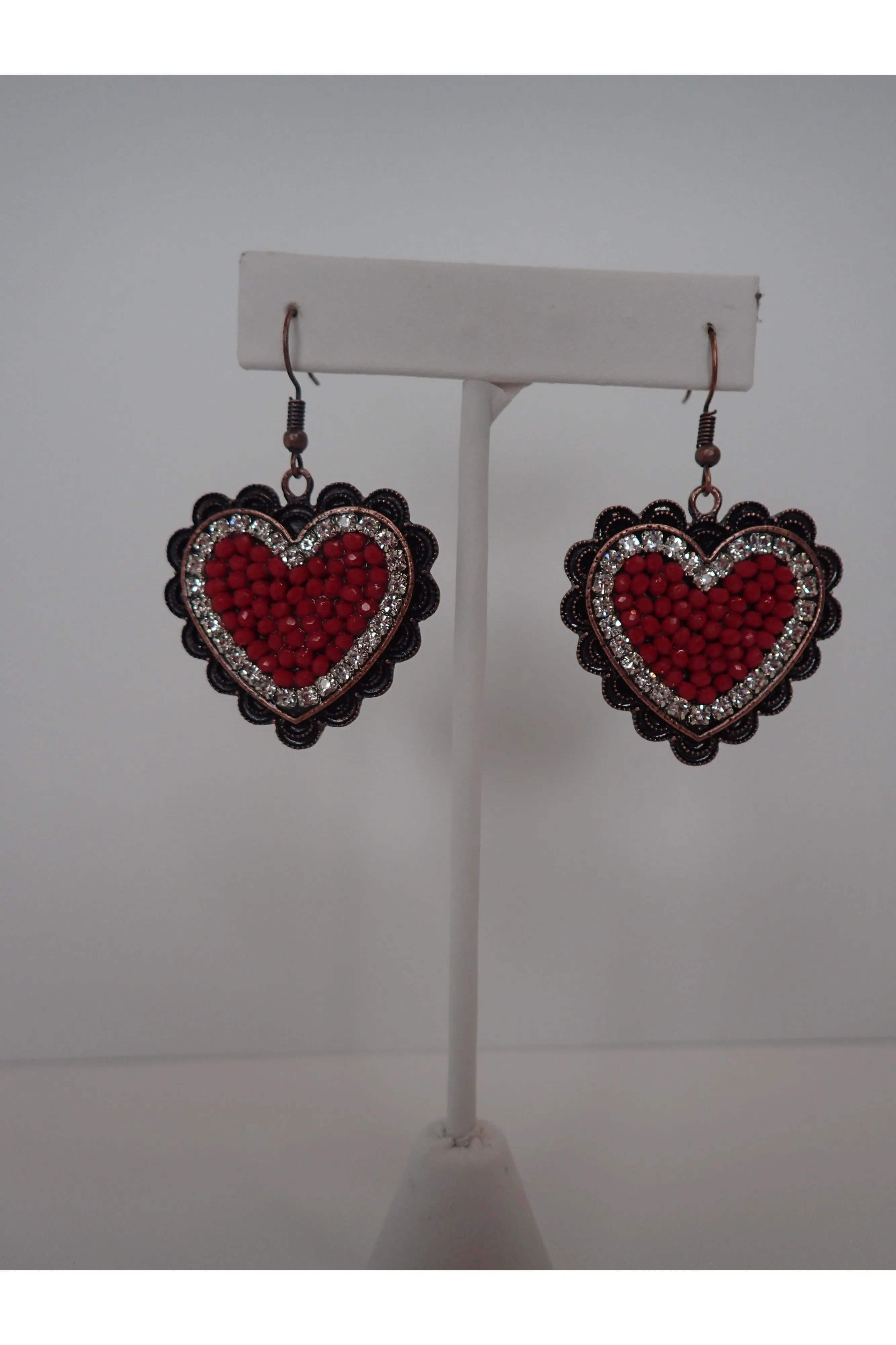 Emma Copper Heart Red And Crystal Rhinestone Necklace With Amber Crystal And Red Beads