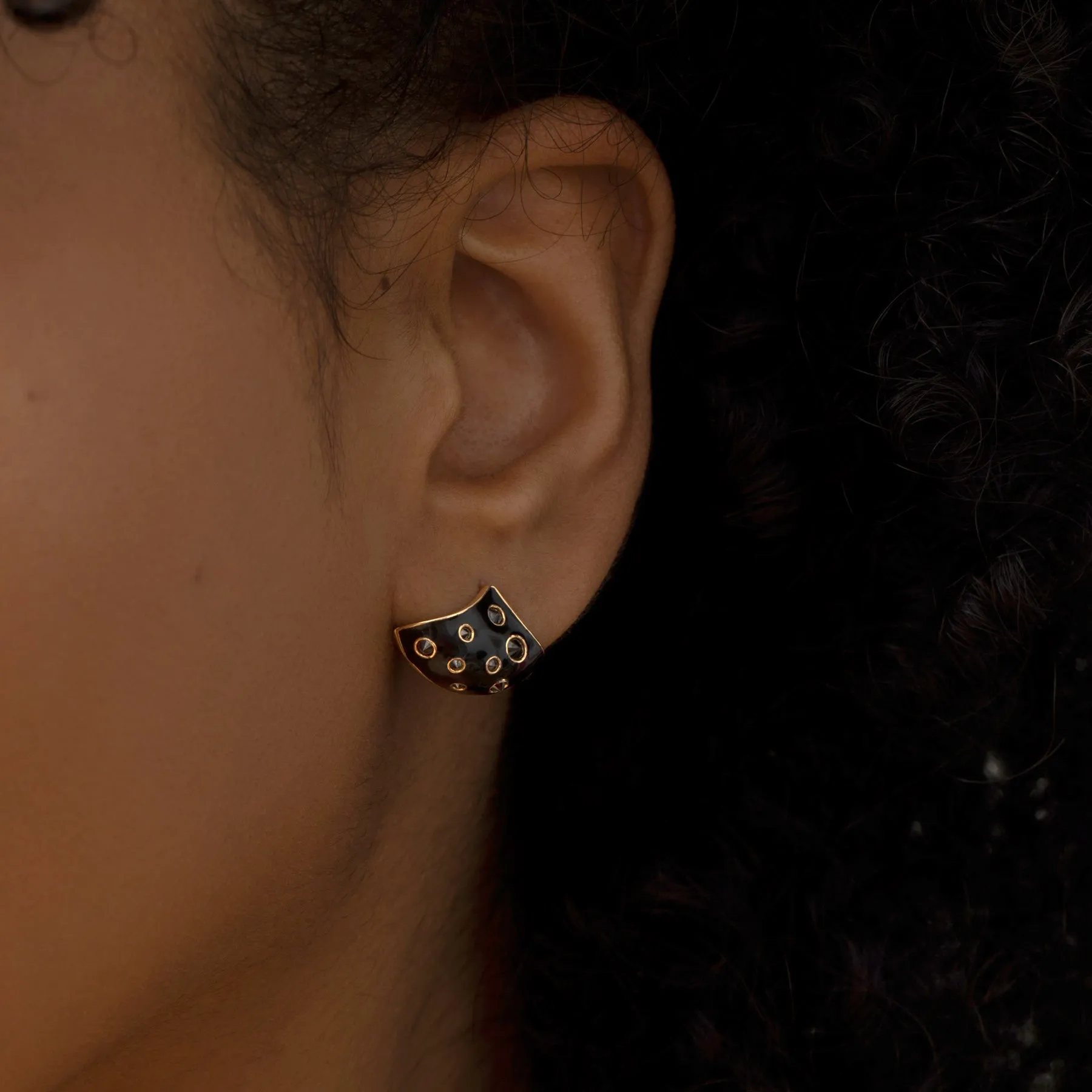 Enamel Reverse Set Black Diamond Fan Earrings