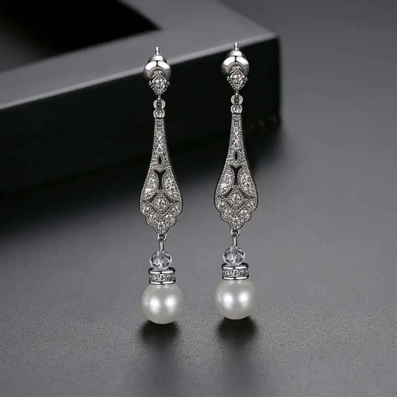 Gold Dangle Pave Setting Luxe CZ Crystal Pearl Earrings