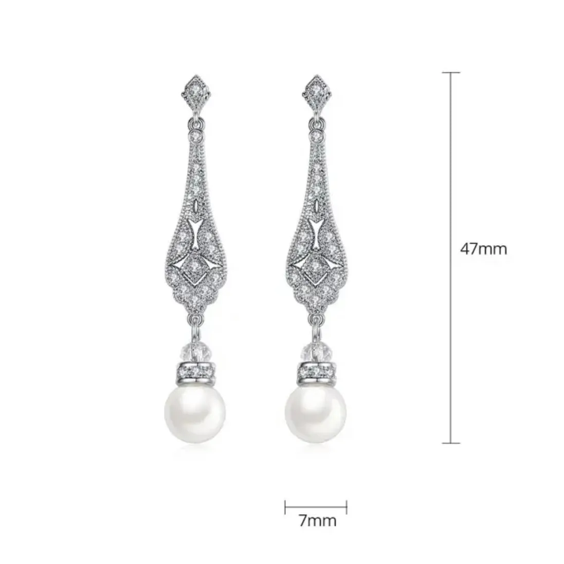 Gold Dangle Pave Setting Luxe CZ Crystal Pearl Earrings