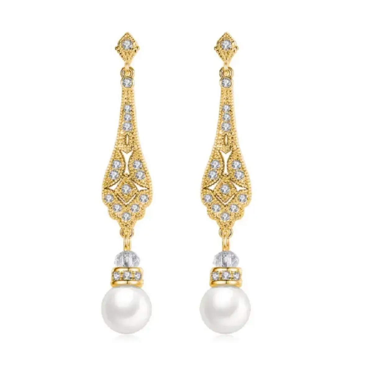Gold Dangle Pave Setting Luxe CZ Crystal Pearl Earrings