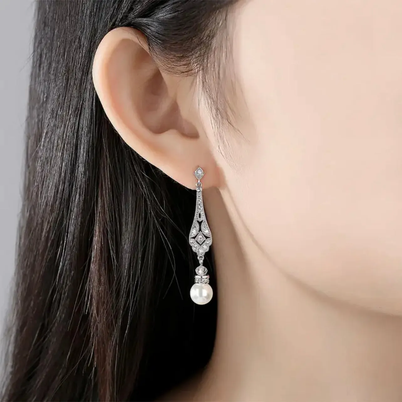 Gold Dangle Pave Setting Luxe CZ Crystal Pearl Earrings