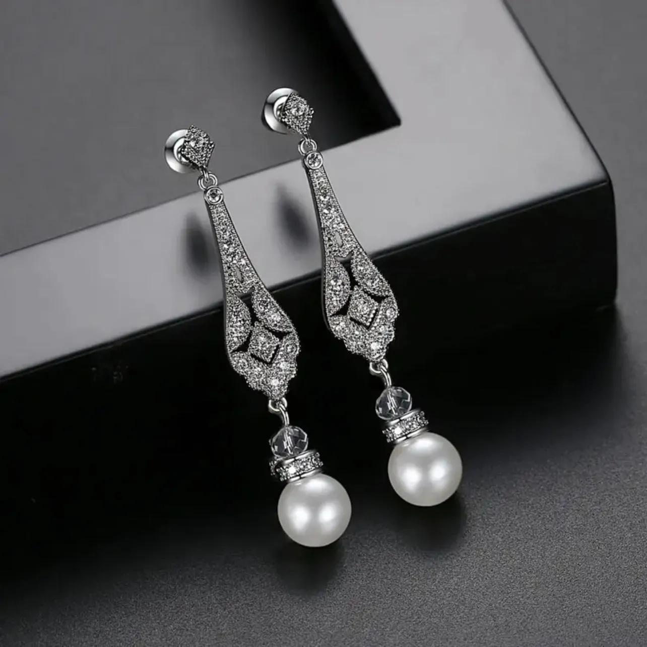Gold Dangle Pave Setting Luxe CZ Crystal Pearl Earrings