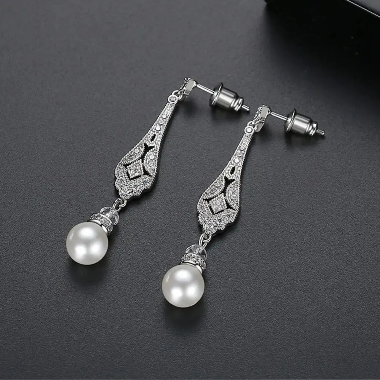 Gold Dangle Pave Setting Luxe CZ Crystal Pearl Earrings
