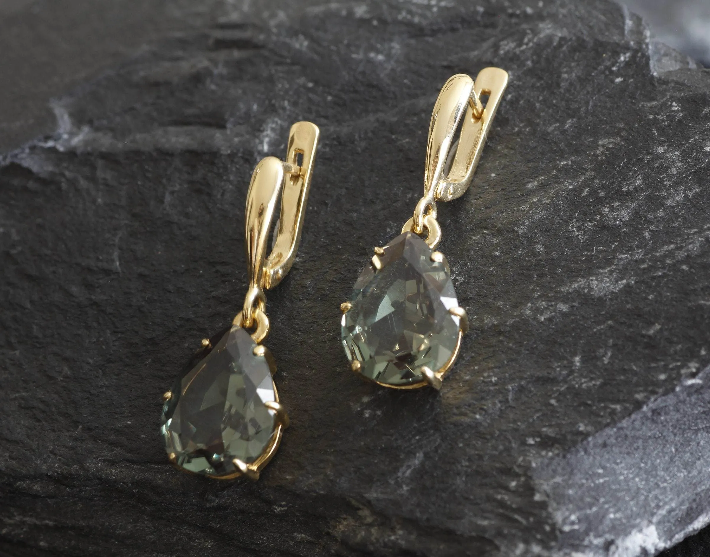 Green Diamond Earrings - Created Green Diamond, Gold Teardrop Earrings