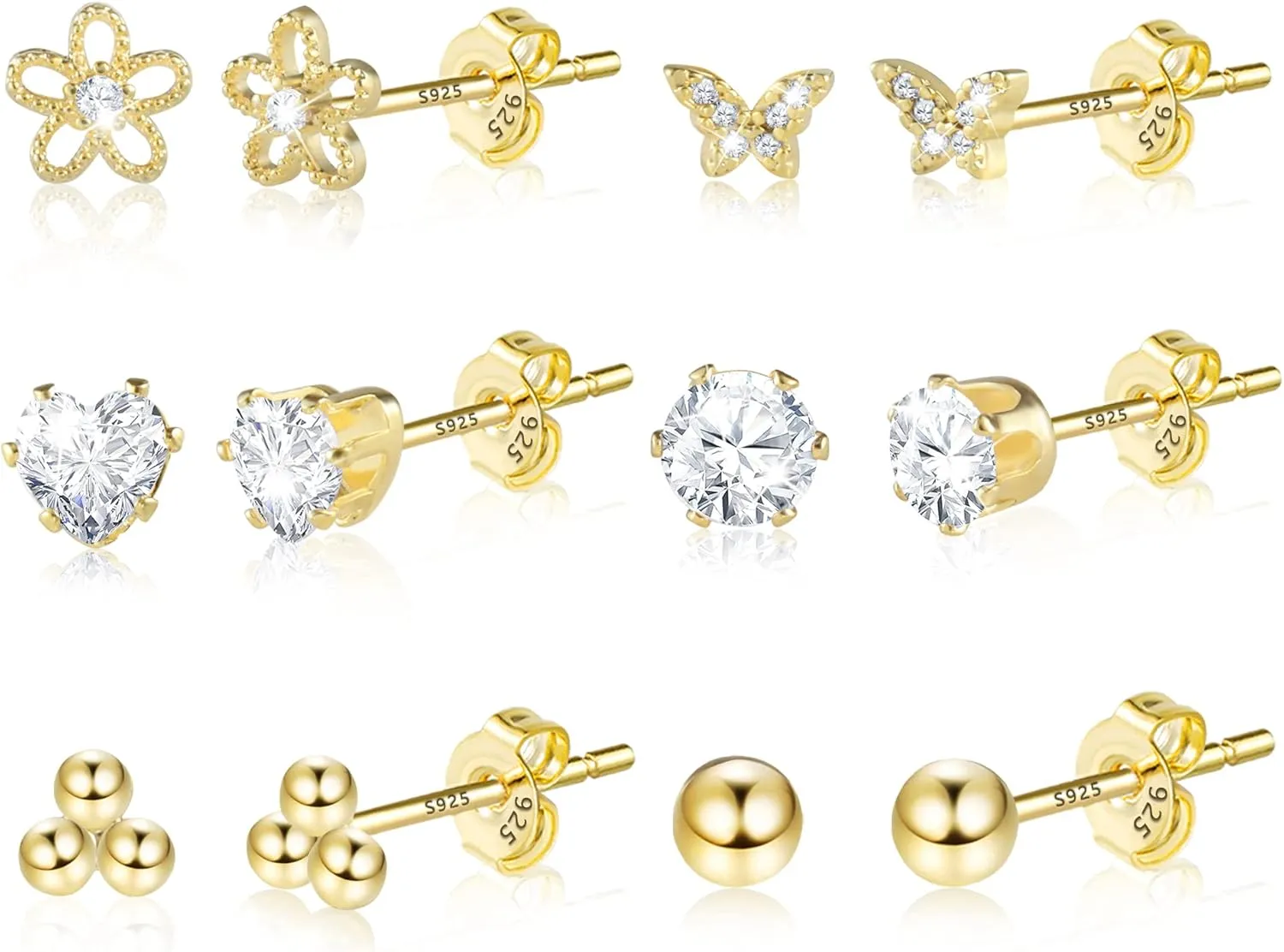 KISSPAT 6 Pairs Small Gold Stud Earrings Set for Women Hypoallergenic Sterling Silver post Tiny Stud Earrings Multiple Pack