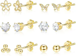 KISSPAT 6 Pairs Small Gold Stud Earrings Set for Women Hypoallergenic Sterling Silver post Tiny Stud Earrings Multiple Pack