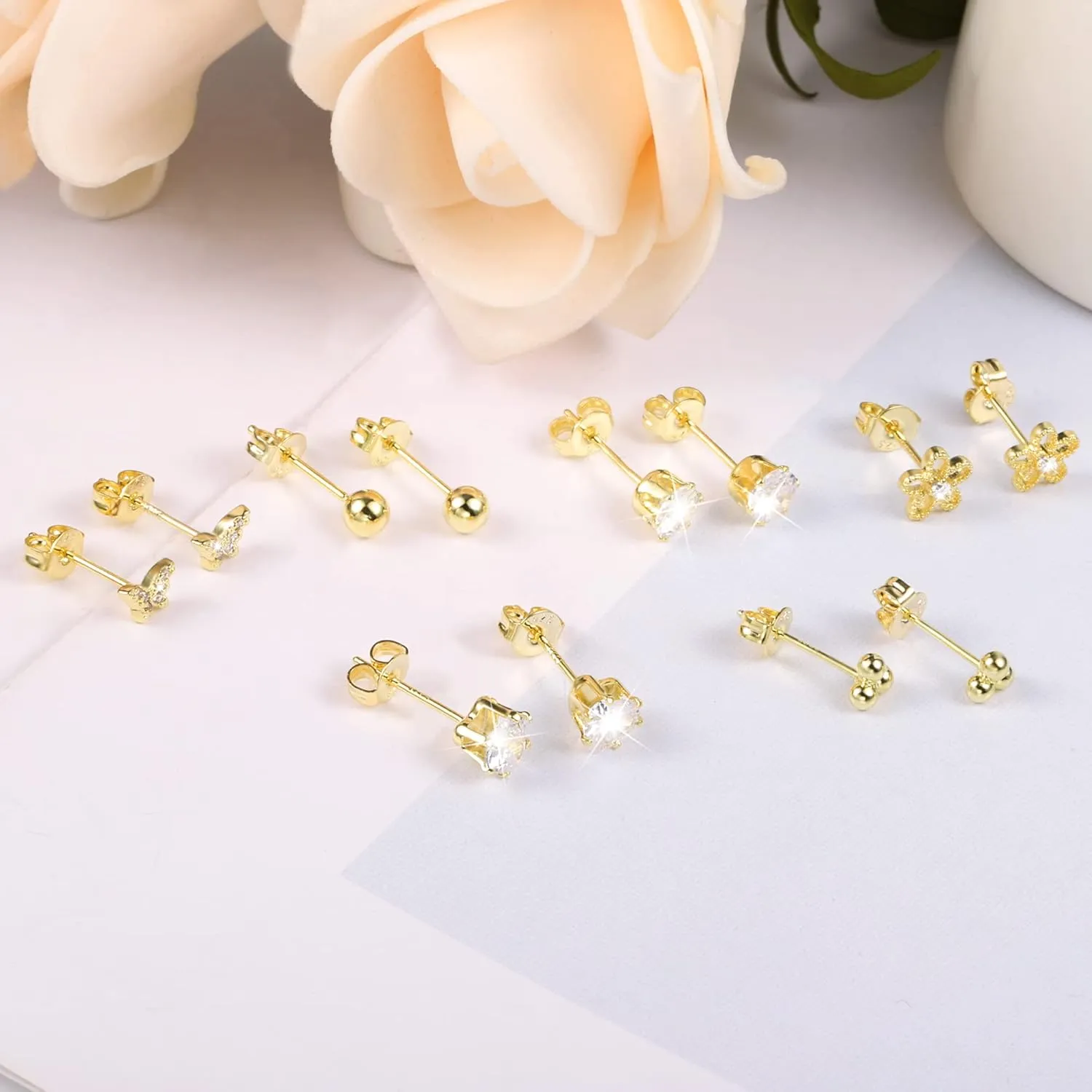 KISSPAT 6 Pairs Small Gold Stud Earrings Set for Women Hypoallergenic Sterling Silver post Tiny Stud Earrings Multiple Pack