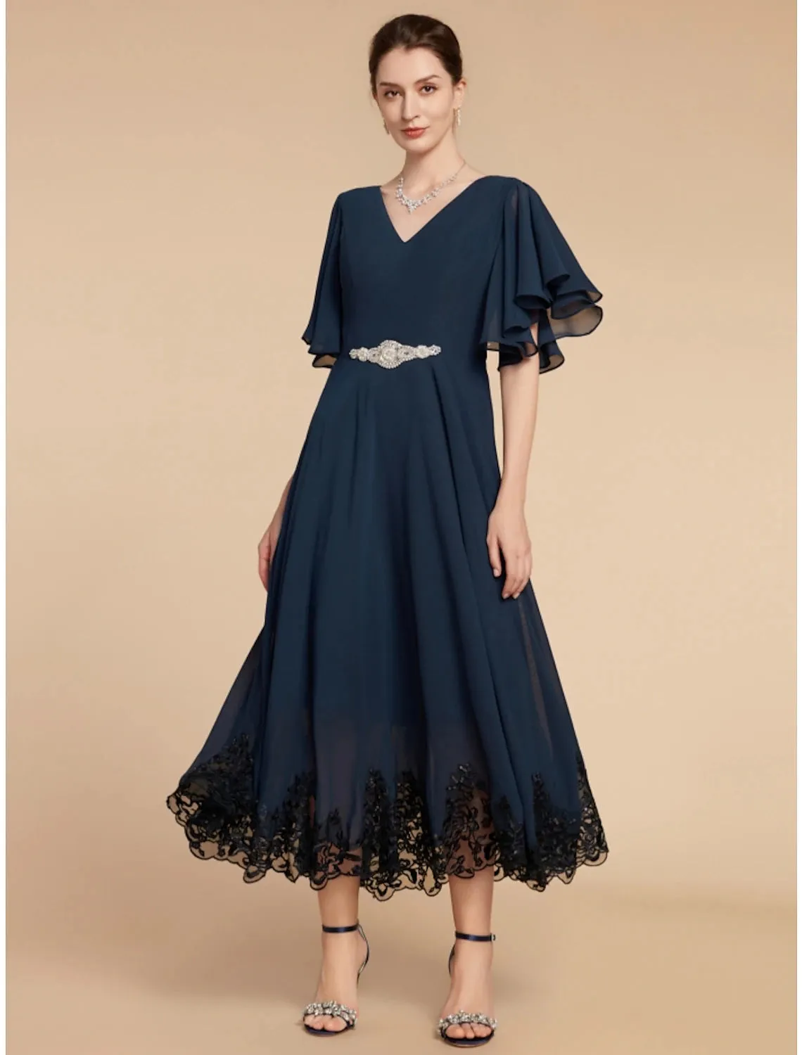 Luolandi A-Line Mother of the Bride Dress Wedding Guest Elegant Vintage V Neck Ankle Length Chiffon Lace Short Sleeve with Crystal Brooch Ruching