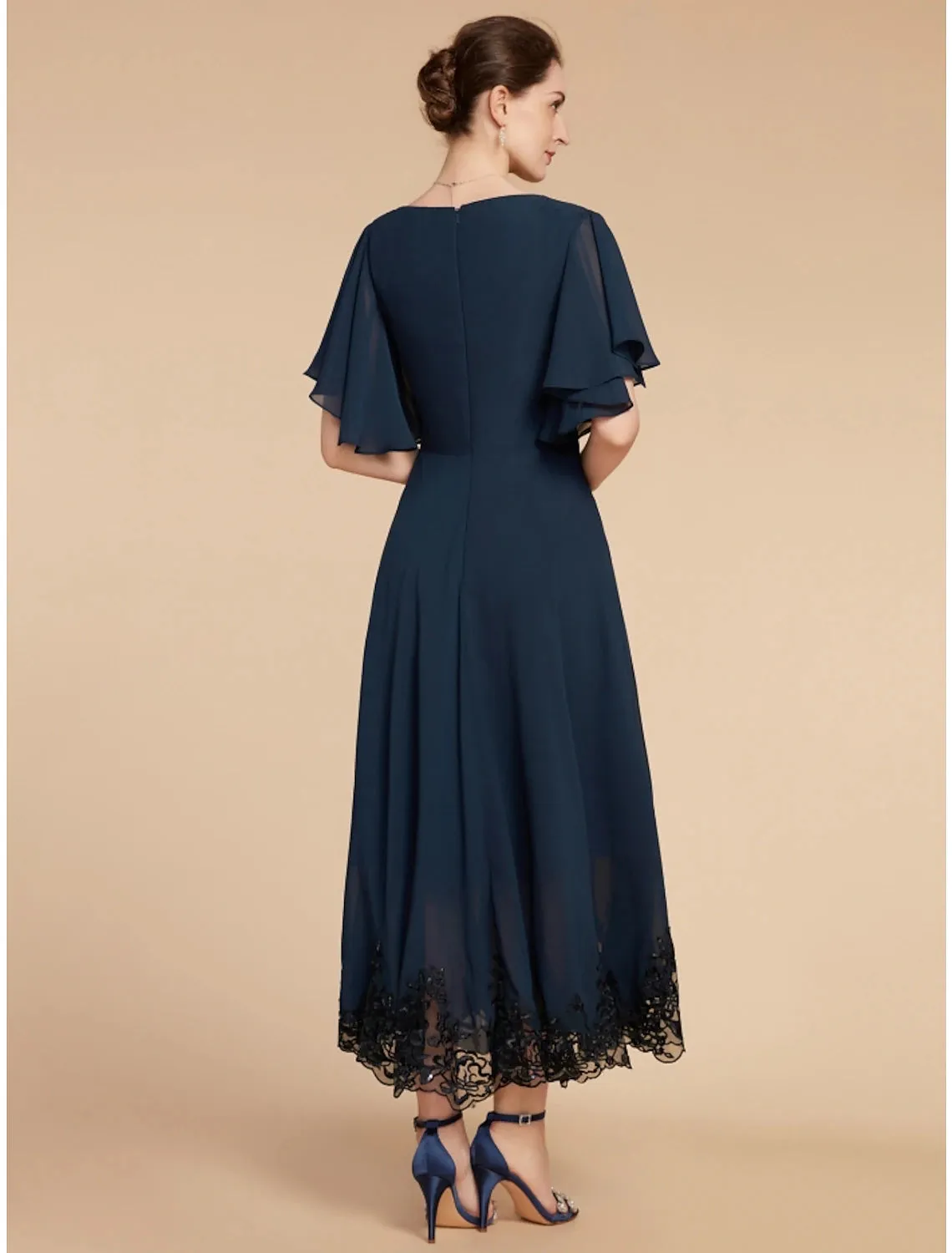 Luolandi A-Line Mother of the Bride Dress Wedding Guest Elegant Vintage V Neck Ankle Length Chiffon Lace Short Sleeve with Crystal Brooch Ruching