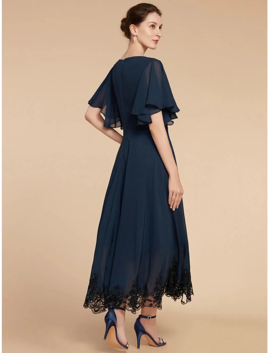 Luolandi A-Line Mother of the Bride Dress Wedding Guest Elegant Vintage V Neck Ankle Length Chiffon Lace Short Sleeve with Crystal Brooch Ruching