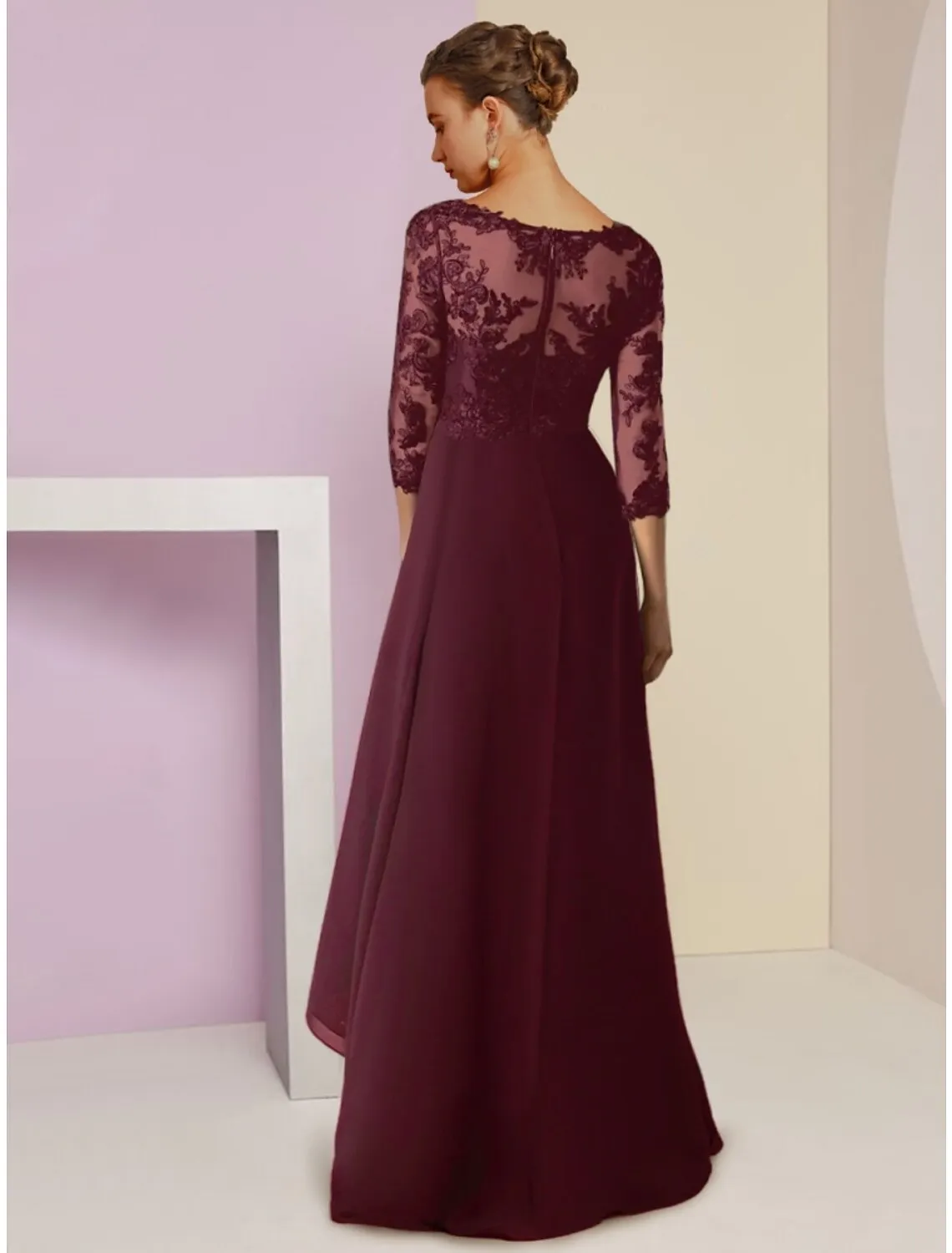 Luolandi A-Line Mother of the Bride Dress Wedding Guest Vintage Elegant V Neck Asymmetrical Chiffon 3/4 Length Sleeve with Crystal
