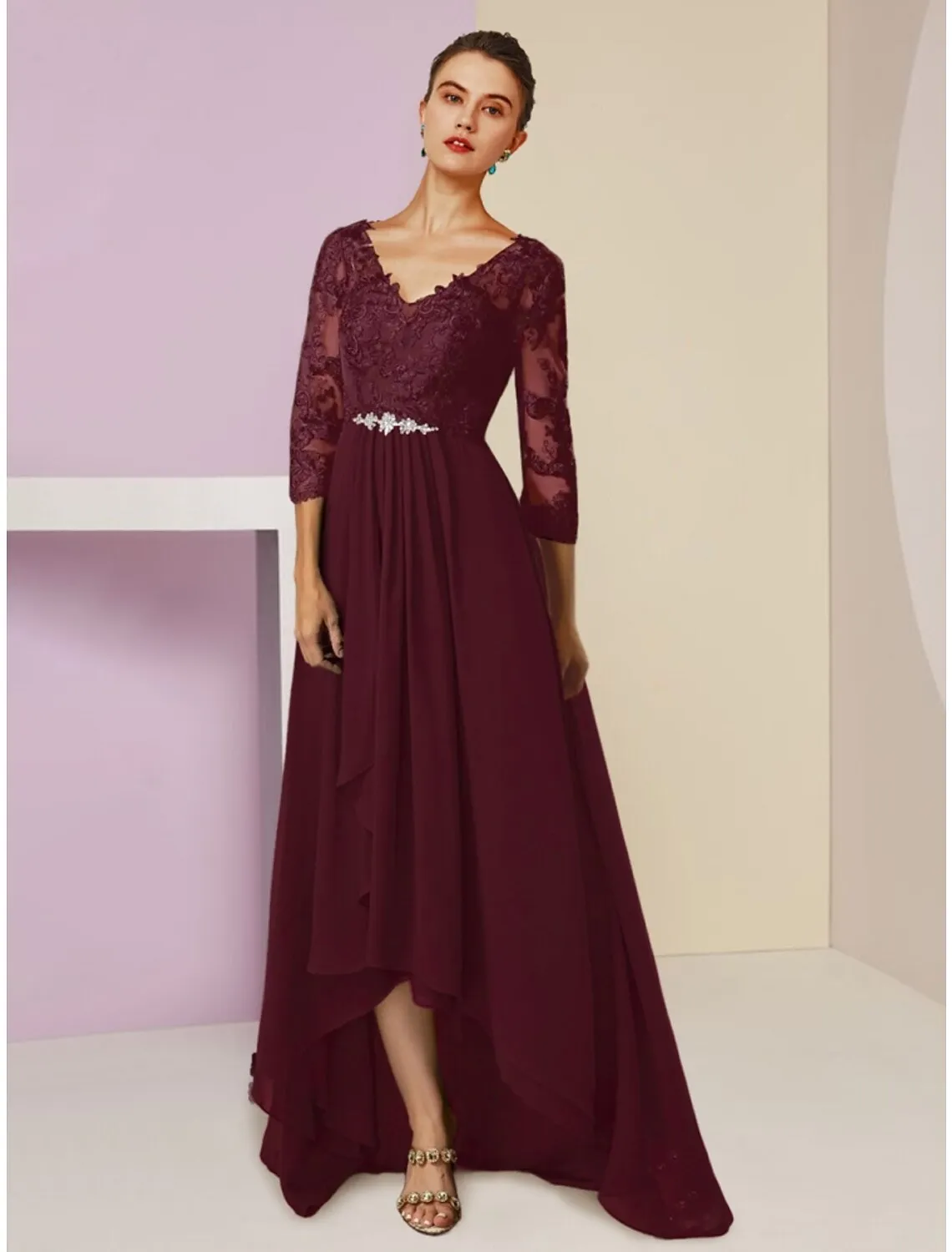 Luolandi A-Line Mother of the Bride Dress Wedding Guest Vintage Elegant V Neck Asymmetrical Chiffon 3/4 Length Sleeve with Crystal