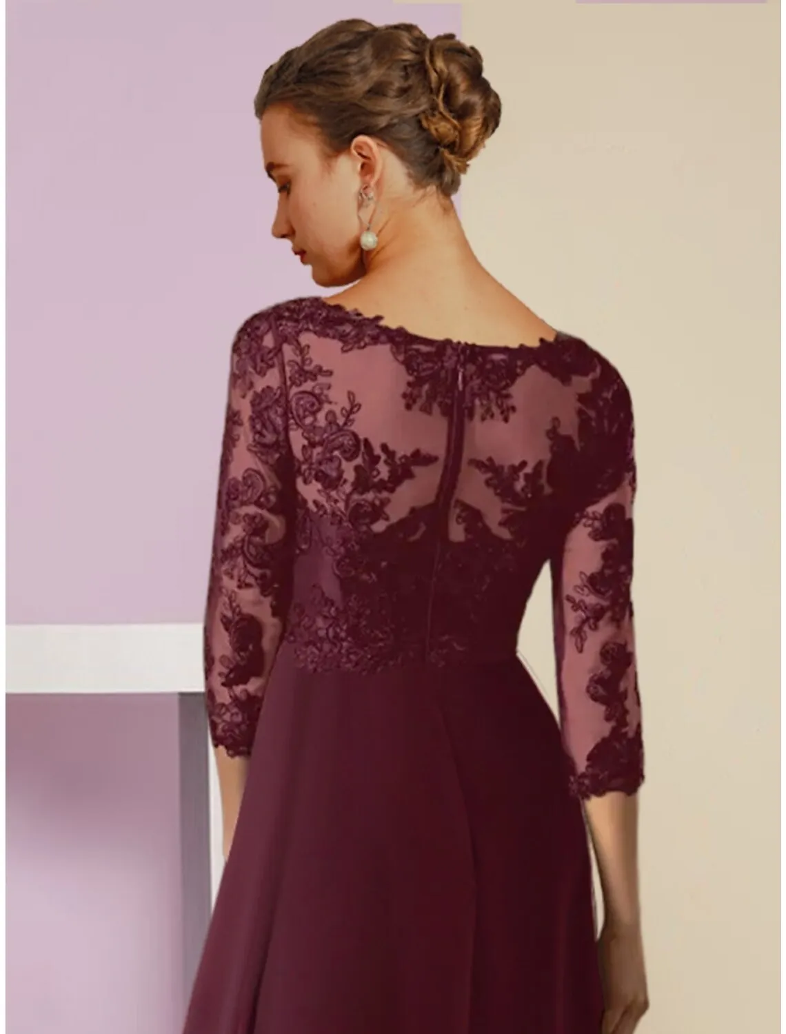 Luolandi A-Line Mother of the Bride Dress Wedding Guest Vintage Elegant V Neck Asymmetrical Chiffon 3/4 Length Sleeve with Crystal