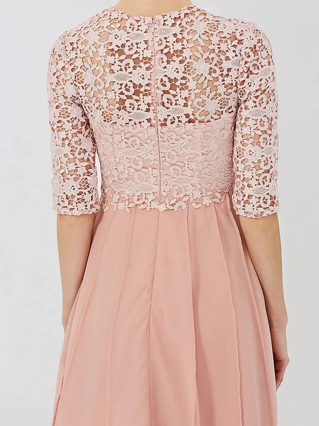 Luolandi Ball Gown Mother of the Bride Dress Formal Classic & Timeless Elegant & Luxurious Convertible Dress Illusion Neck Knee Length Chiffon Floral Lace 3/4 Length Sleeve