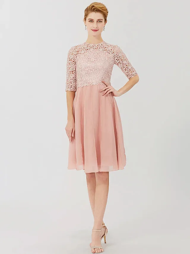 Luolandi Ball Gown Mother of the Bride Dress Formal Classic & Timeless Elegant & Luxurious Convertible Dress Illusion Neck Knee Length Chiffon Floral Lace 3/4 Length Sleeve