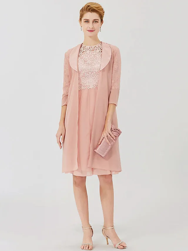Luolandi Ball Gown Mother of the Bride Dress Formal Classic & Timeless Elegant & Luxurious Convertible Dress Illusion Neck Knee Length Chiffon Floral Lace 3/4 Length Sleeve