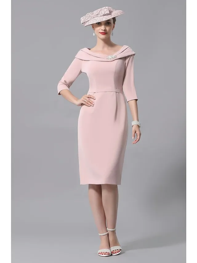Luolandi Mother of the Bride Dress Plus Size Elegant Vintage Scoop Neck Knee Length Jersey 3/4 Length Sleeve with Beading