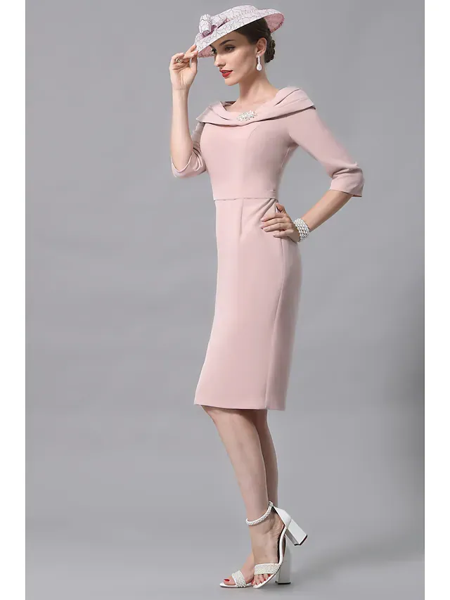 Luolandi Mother of the Bride Dress Plus Size Elegant Vintage Scoop Neck Knee Length Jersey 3/4 Length Sleeve with Beading