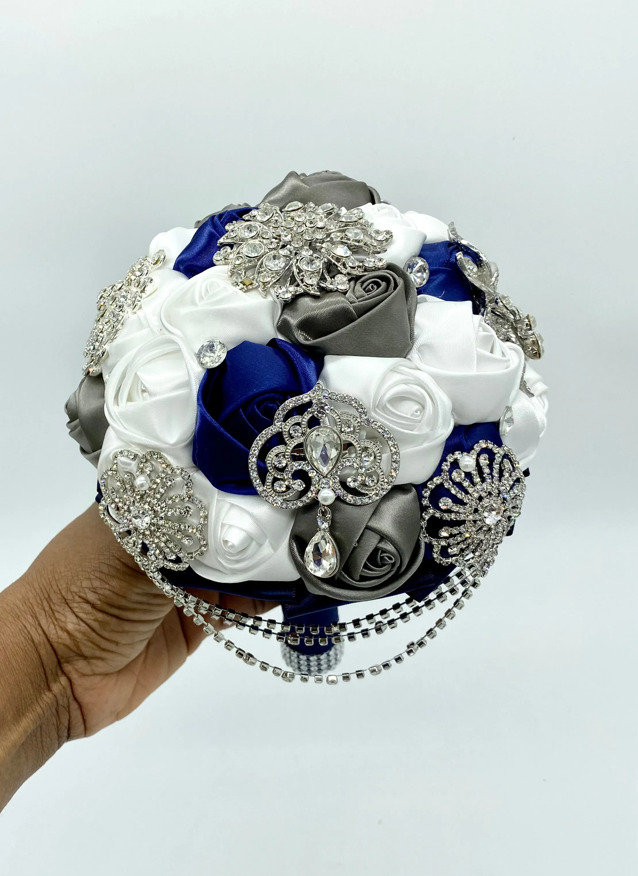 Navy White Satin Roses Brooch Bouquet BOU-908
