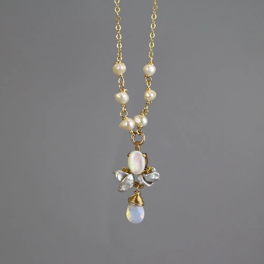 Pearl Opalite Beaded Bee Necklace