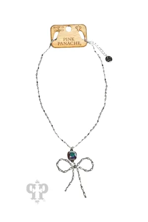 Pink Panache Pearl Beaded Bow Necklace In Silver With Austrian Crystal