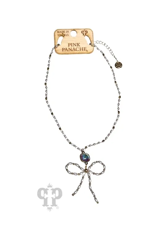 Pink Panache Pearl Beaded Bow Necklace In Silver With Austrian Crystal