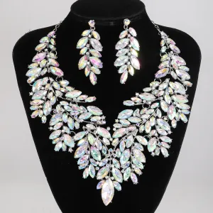 Rhinestone Crystal Leaf Earrings Necklace Set Elegant Vintage Banquet Party Fashion Accessories
