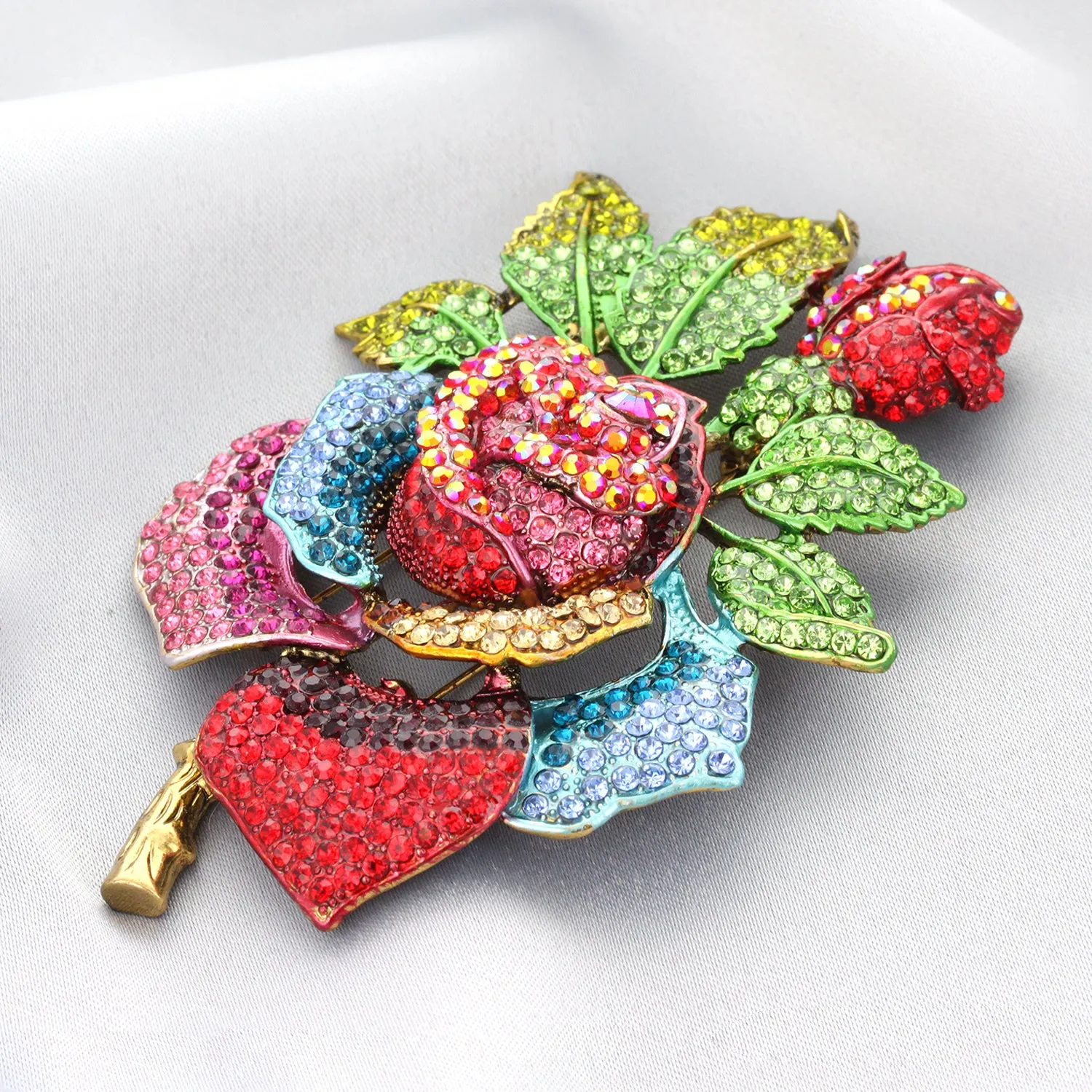 Ruby Rose With Leaves Rhinestone Brooch