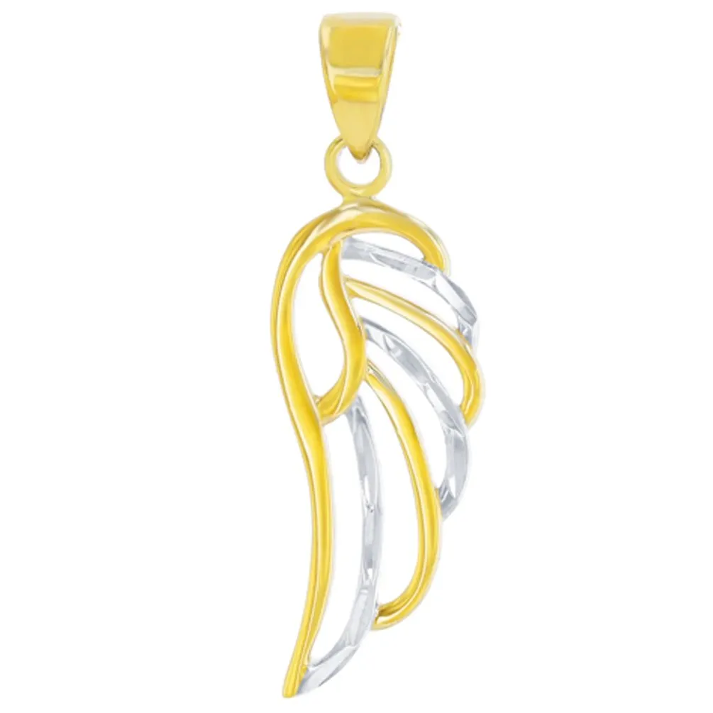Solid 14k Gold Textured Angel Wing Charm Pendant Figaro Chain Necklace - Yellow Gold